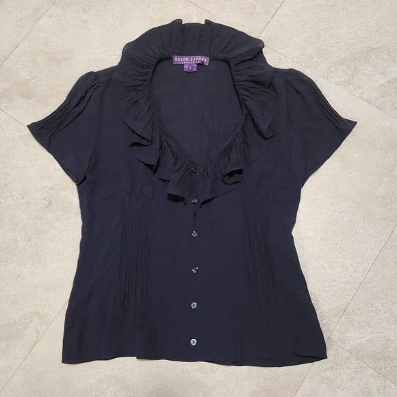 VTG Ralph Lauren Purple Label Womens 4 Blouse 100% Silk Button Up Top Union Made